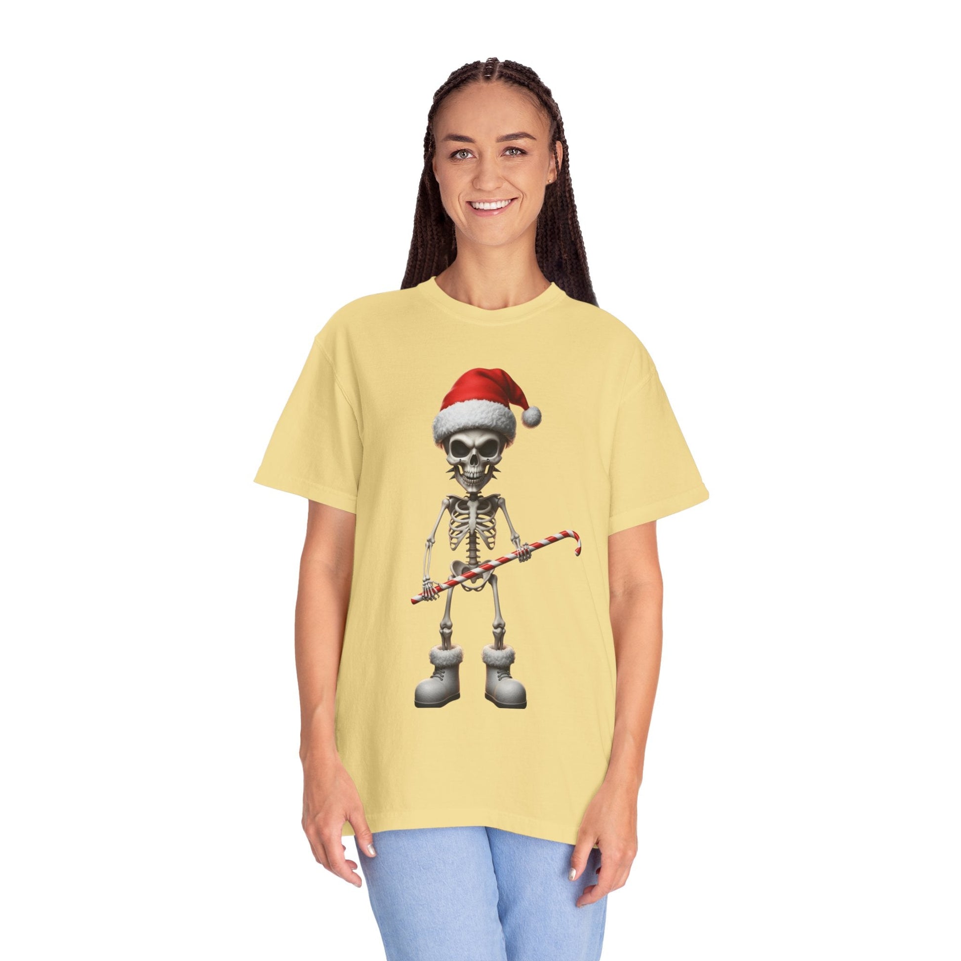 Skeletal Santa's Rockstar Christmas: Festive Skeletal Holiday Character, Digital Cartoon Illustration T-shirt – Custom T-Shirt by PixelCraft360, unique decoration for events and special gifts