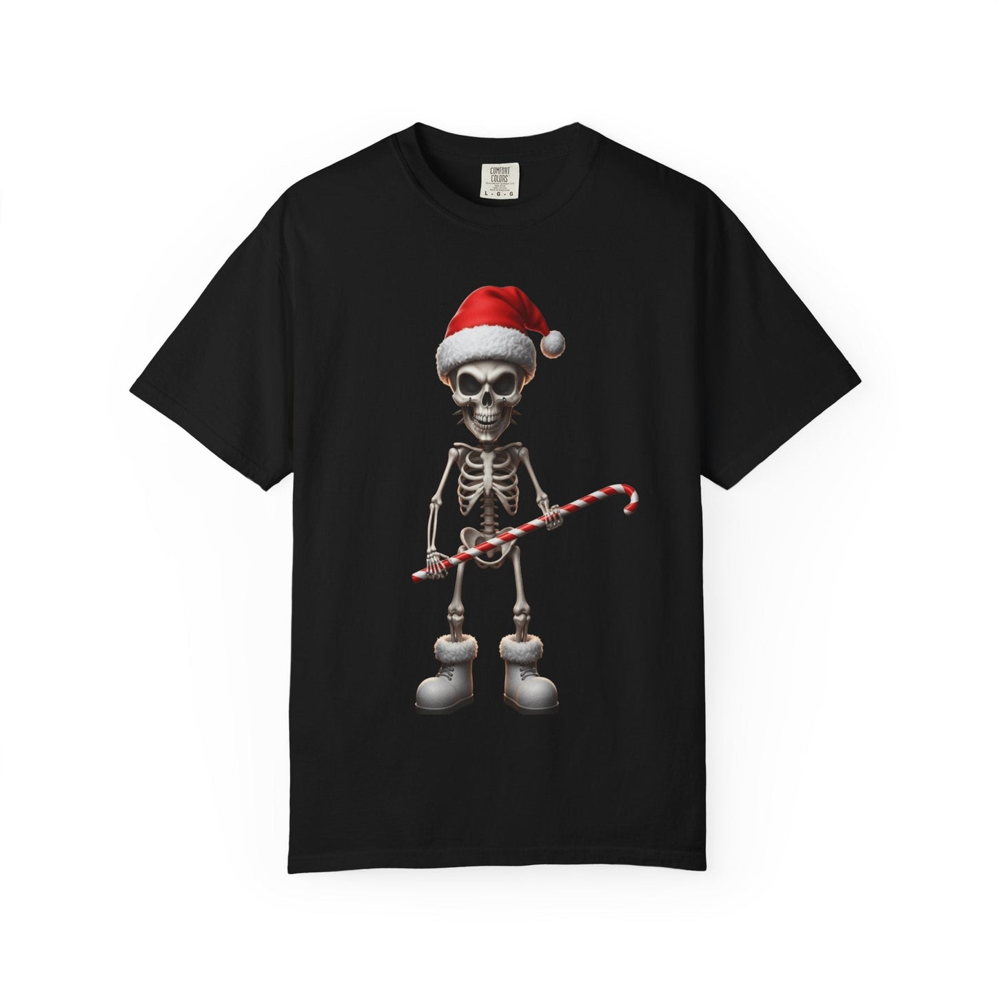 Skeletal Santa's Rockstar Christmas: Festive Skeletal Holiday Character, Digital Cartoon Illustration T-shirt – Custom T-Shirt by PixelCraft360, unique decoration for events and special gifts