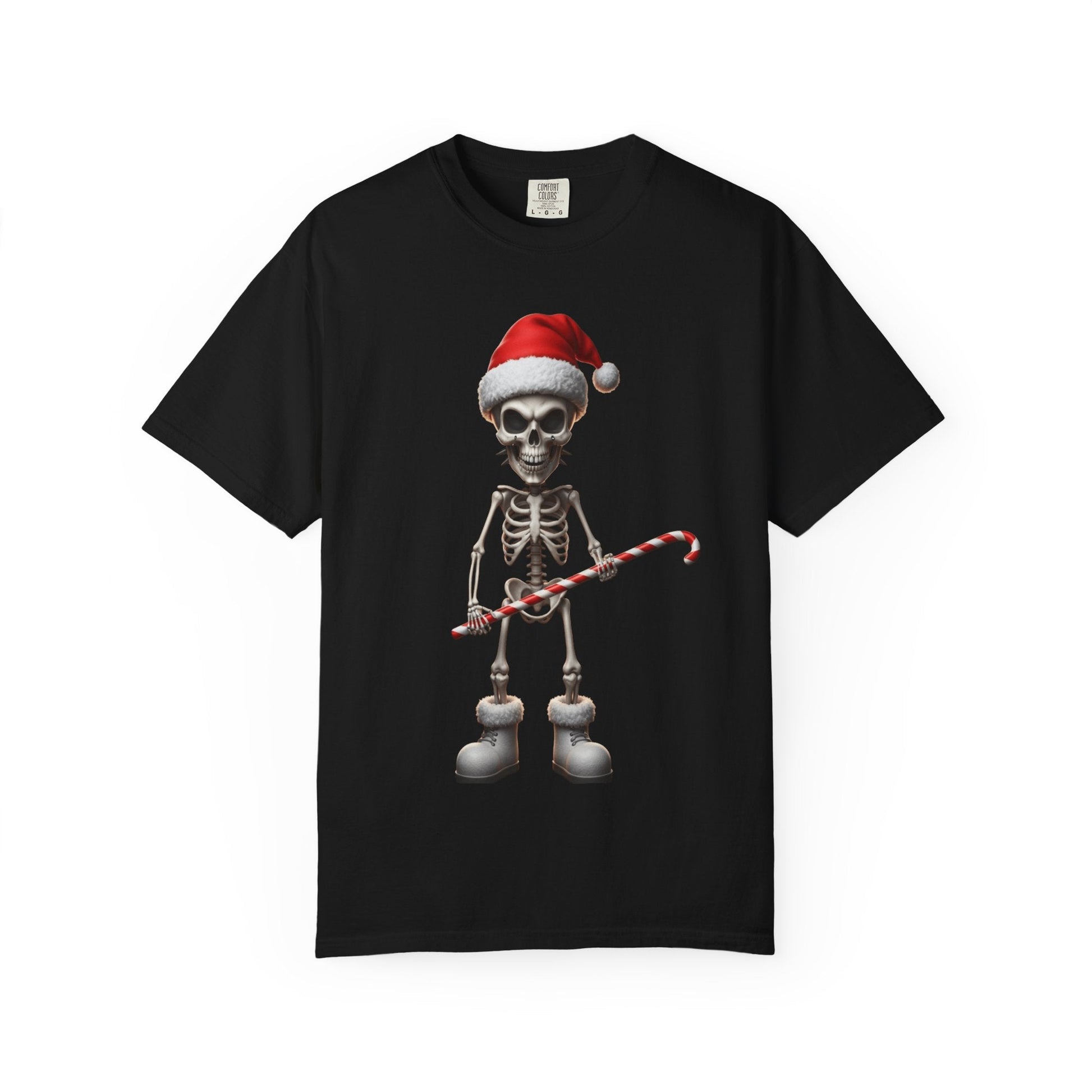Skeletal Santa's Rockstar Christmas: Festive Skeletal Holiday Character, Digital Cartoon Illustration T-shirt – Custom T-Shirt by PixelCraft360, unique decoration for events and special gifts