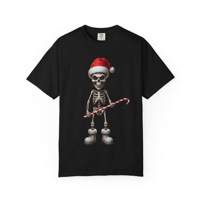 Skeletal Santa's Rockstar Christmas: Festive Skeletal Holiday Character, Digital Cartoon Illustration T-shirt – Custom T-Shirt by PixelCraft360, unique decoration for events and special gifts