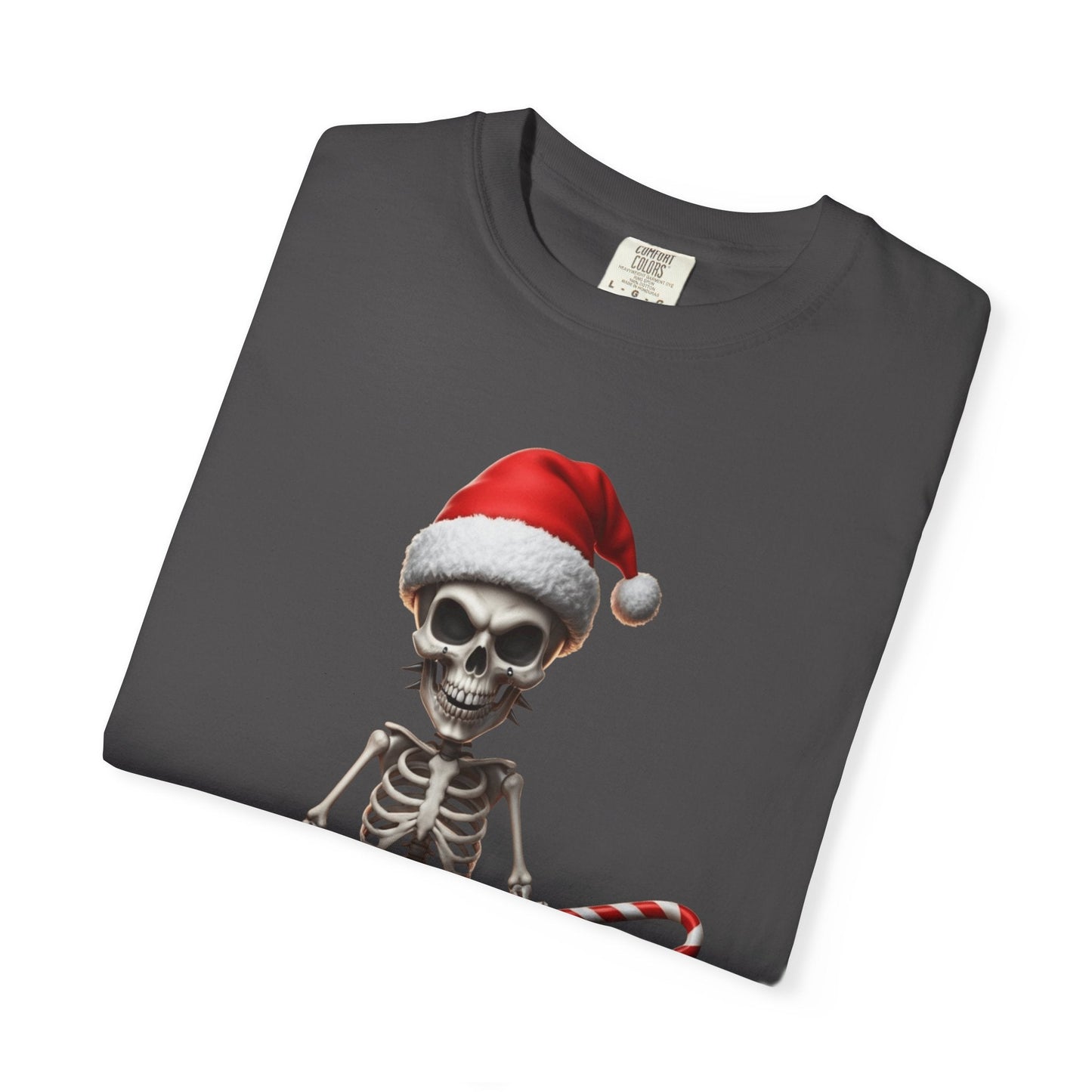 Skeletal Santa's Rockstar Christmas: Festive Skeletal Holiday Character, Digital Cartoon Illustration T-shirt – Custom T-Shirt by PixelCraft360, unique decoration for events and special gifts