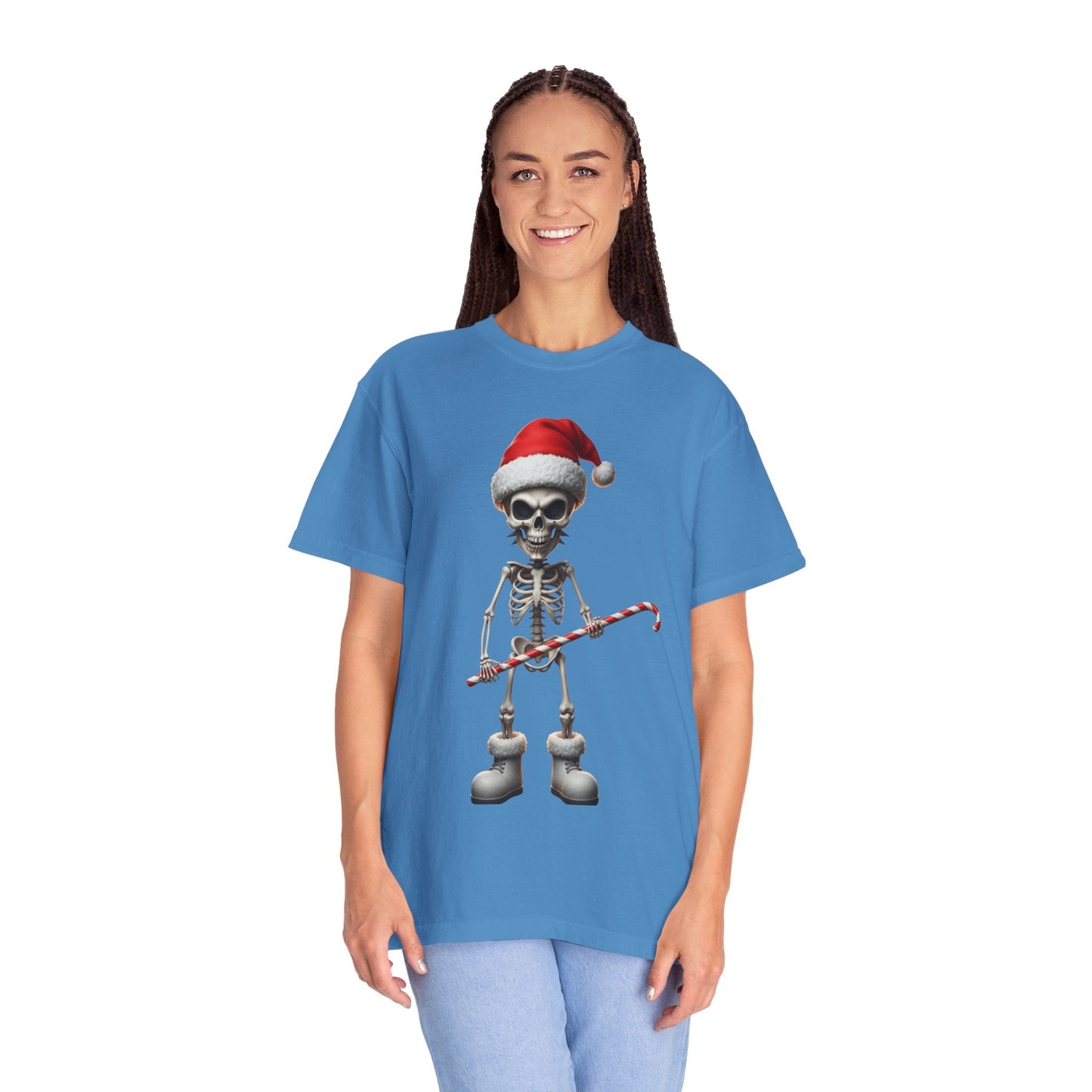 Skeletal Santa's Rockstar Christmas: Festive Skeletal Holiday Character, Digital Cartoon Illustration T-shirt – Custom T-Shirt by PixelCraft360, unique decoration for events and special gifts