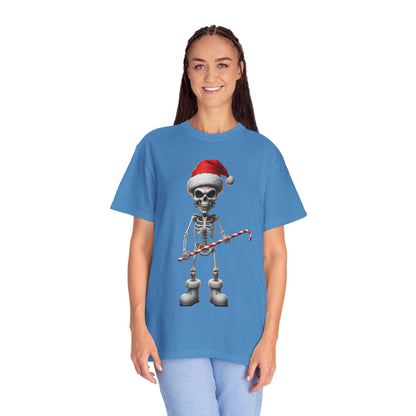 Skeletal Santa's Rockstar Christmas: Festive Skeletal Holiday Character, Digital Cartoon Illustration T-shirt – Custom T-Shirt by PixelCraft360, unique decoration for events and special gifts