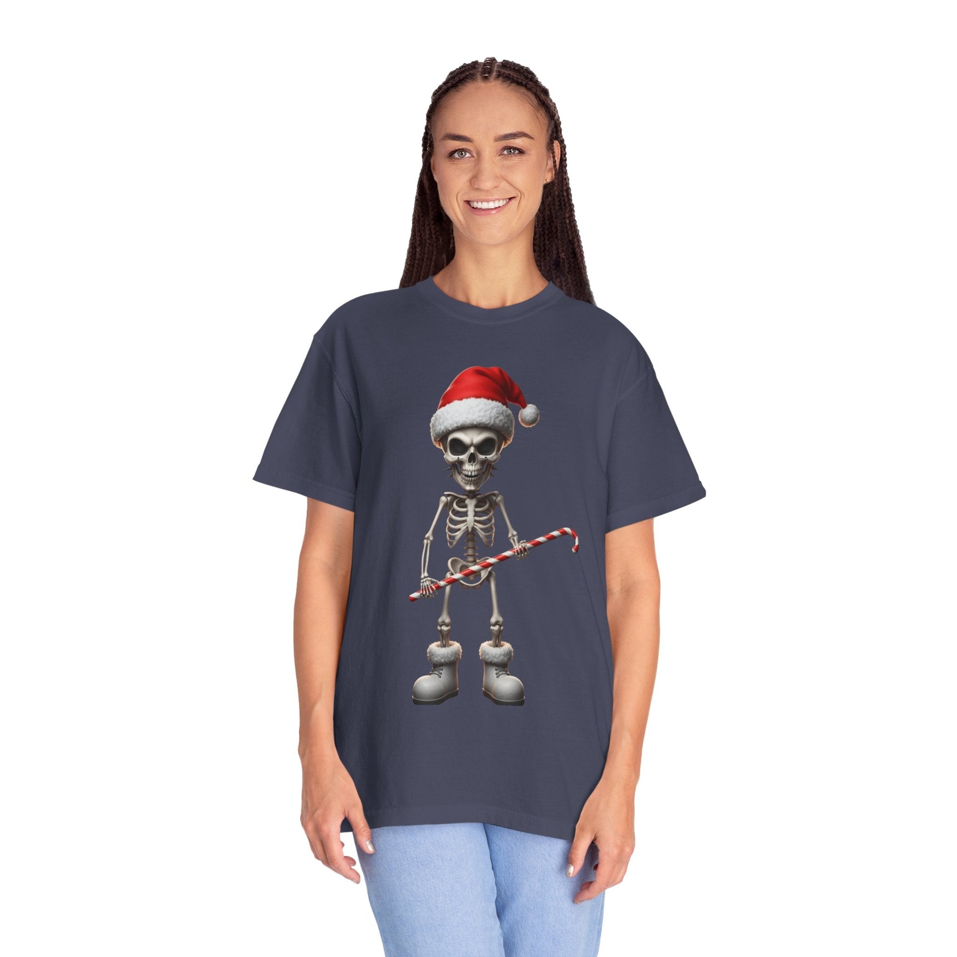 Skeletal Santa's Rockstar Christmas: Festive Skeletal Holiday Character, Digital Cartoon Illustration T-shirt – Custom T-Shirt by PixelCraft360, unique decoration for events and special gifts