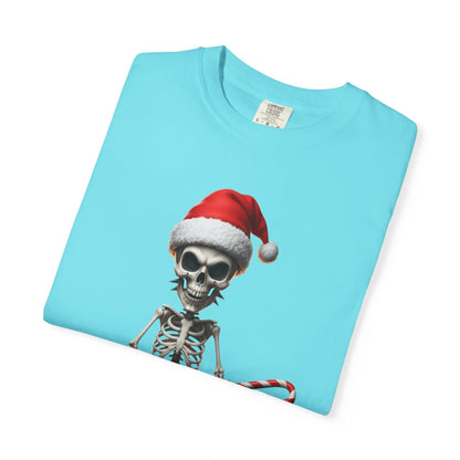 Skeletal Santa's Rockstar Christmas: Festive Skeletal Holiday Character, Digital Cartoon Illustration T-shirt – Custom T-Shirt by PixelCraft360, unique decoration for events and special gifts