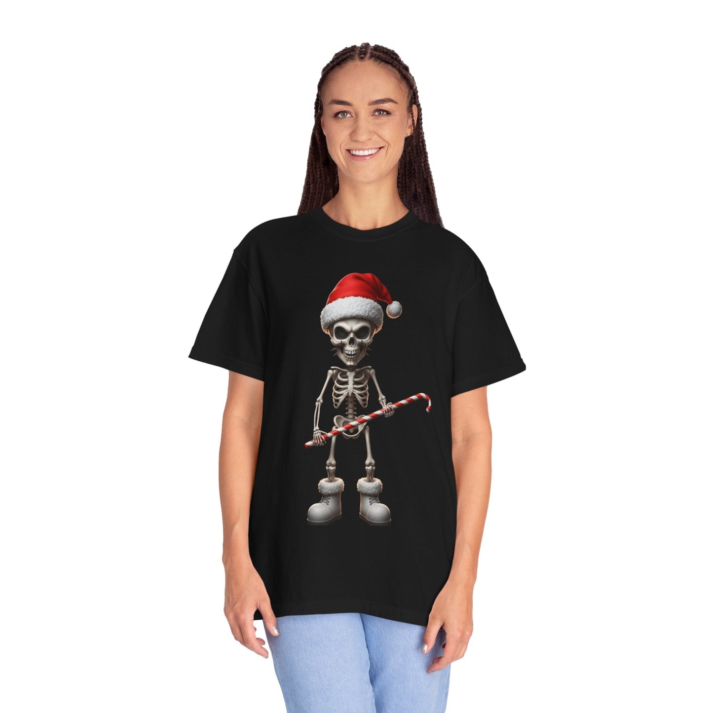 Skeletal Santa's Rockstar Christmas: Festive Skeletal Holiday Character, Digital Cartoon Illustration T-shirt – Custom T-Shirt by PixelCraft360, unique decoration for events and special gifts