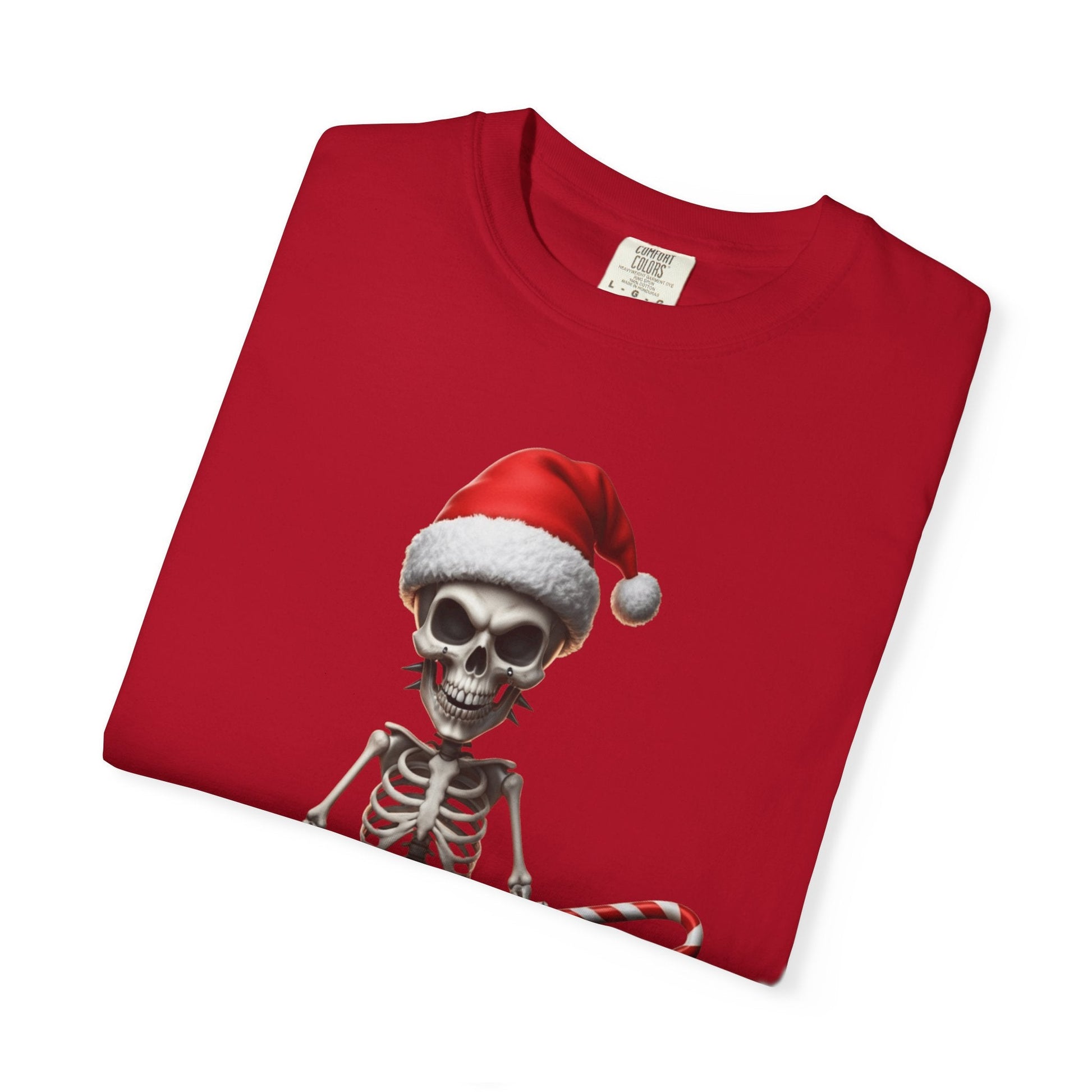 Skeletal Santa's Rockstar Christmas: Festive Skeletal Holiday Character, Digital Cartoon Illustration T-shirt – Custom T-Shirt by PixelCraft360, unique decoration for events and special gifts