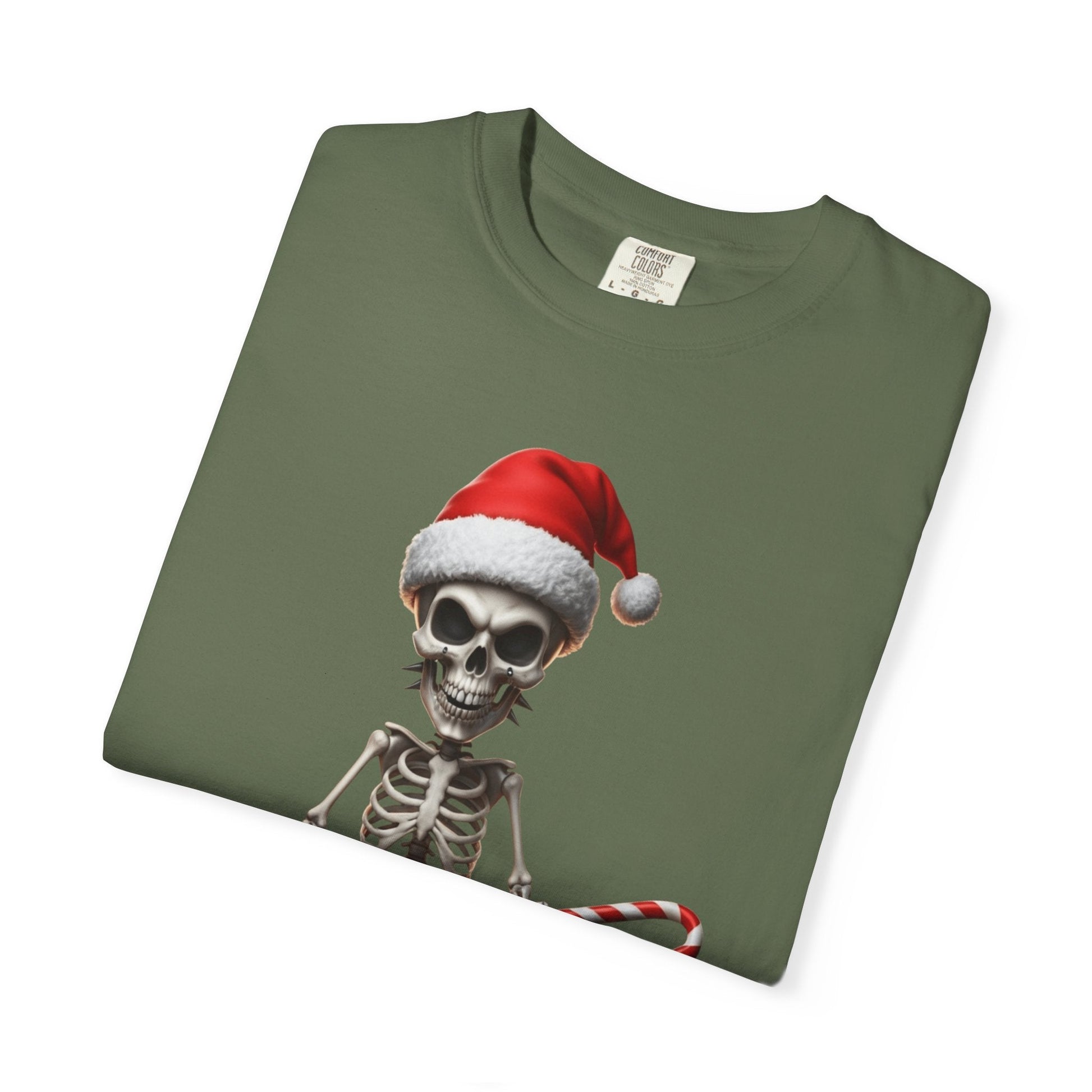 Skeletal Santa's Rockstar Christmas: Festive Skeletal Holiday Character, Digital Cartoon Illustration T-shirt – Custom T-Shirt by PixelCraft360, unique decoration for events and special gifts
