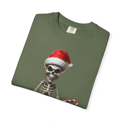 Skeletal Santa's Rockstar Christmas: Festive Skeletal Holiday Character, Digital Cartoon Illustration T-shirt – Custom T-Shirt by PixelCraft360, unique decoration for events and special gifts