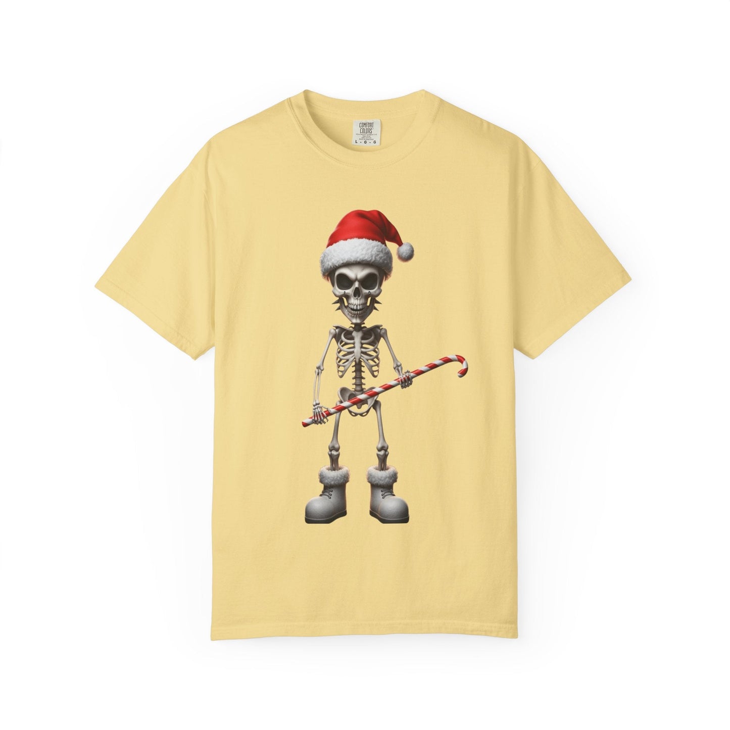 Skeletal Santa's Rockstar Christmas: Festive Skeletal Holiday Character, Digital Cartoon Illustration T-shirt – Custom T-Shirt by PixelCraft360, unique decoration for events and special gifts
