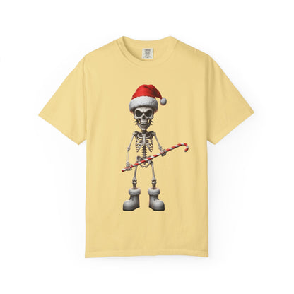 Skeletal Santa's Rockstar Christmas: Festive Skeletal Holiday Character, Digital Cartoon Illustration T-shirt – Custom T-Shirt by PixelCraft360, unique decoration for events and special gifts