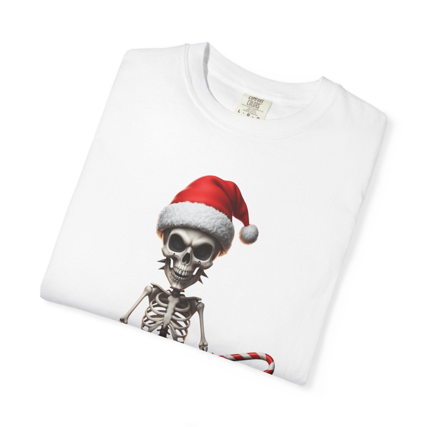 Skeletal Santa's Rockstar Christmas: Festive Skeletal Holiday Character, Digital Cartoon Illustration T-shirt – Custom T-Shirt by PixelCraft360, unique decoration for events and special gifts