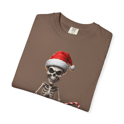 Skeletal Santa's Rockstar Christmas: Festive Skeletal Holiday Character, Digital Cartoon Illustration T-shirt – Custom T-Shirt by PixelCraft360, unique decoration for events and special gifts