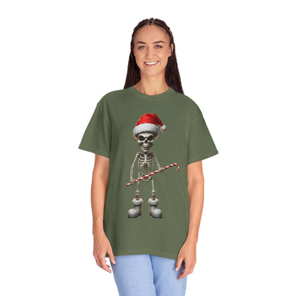 Skeletal Santa's Rockstar Christmas: Festive Skeletal Holiday Character, Digital Cartoon Illustration T-shirt – Custom T-Shirt by PixelCraft360, unique decoration for events and special gifts