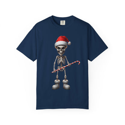 Skeletal Santa's Rockstar Christmas: Festive Skeletal Holiday Character, Digital Cartoon Illustration T-shirt – Custom T-Shirt by PixelCraft360, unique decoration for events and special gifts