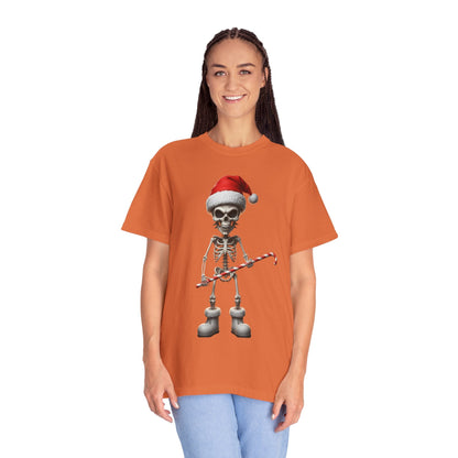 Skeletal Santa's Rockstar Christmas: Festive Skeletal Holiday Character, Digital Cartoon Illustration T-shirt – Custom T-Shirt by PixelCraft360, unique decoration for events and special gifts