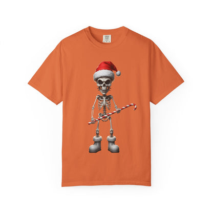 Skeletal Santa's Rockstar Christmas: Festive Skeletal Holiday Character, Digital Cartoon Illustration T-shirt – Custom T-Shirt by PixelCraft360, unique decoration for events and special gifts
