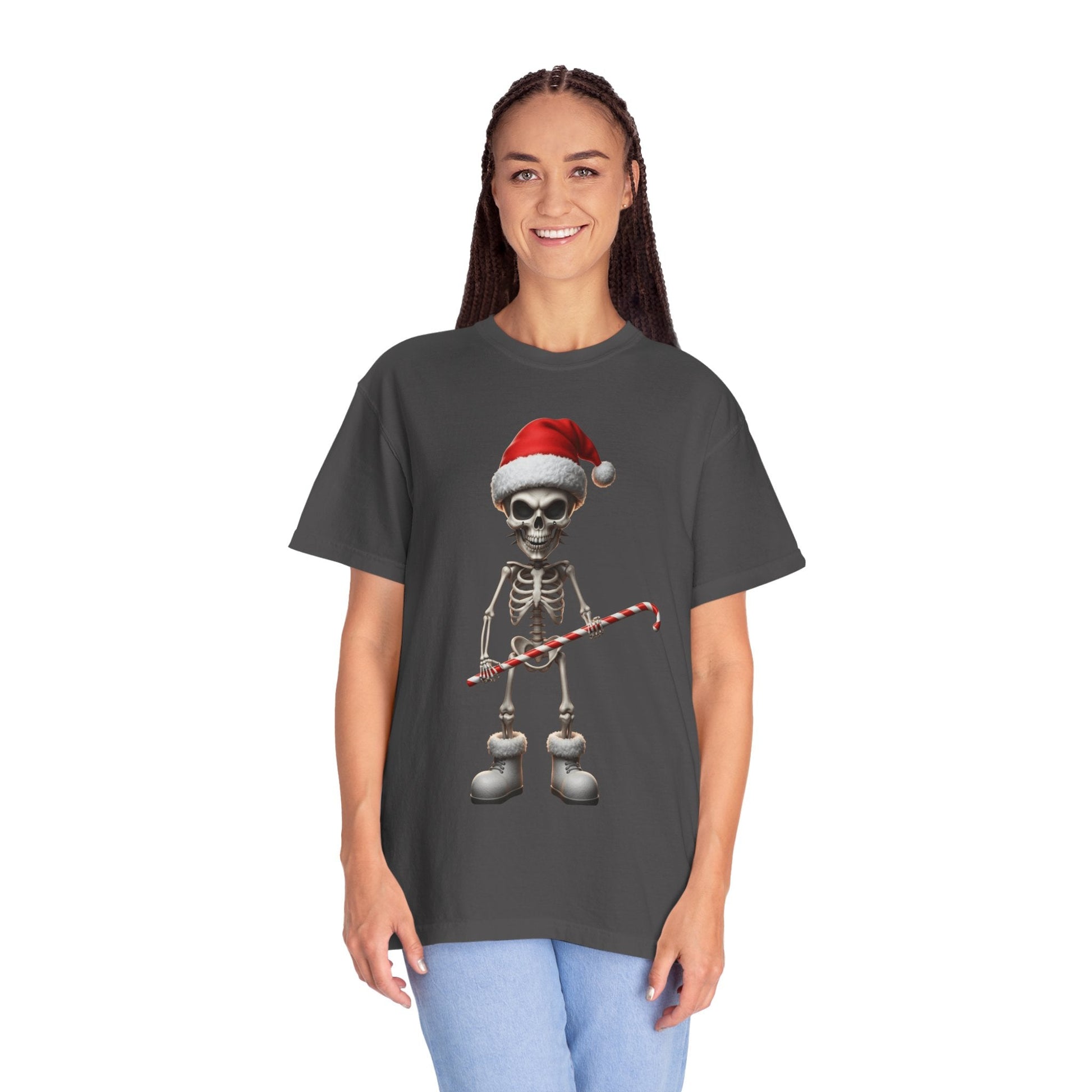 Skeletal Santa's Rockstar Christmas: Festive Skeletal Holiday Character, Digital Cartoon Illustration T-shirt – Custom T-Shirt by PixelCraft360, unique decoration for events and special gifts