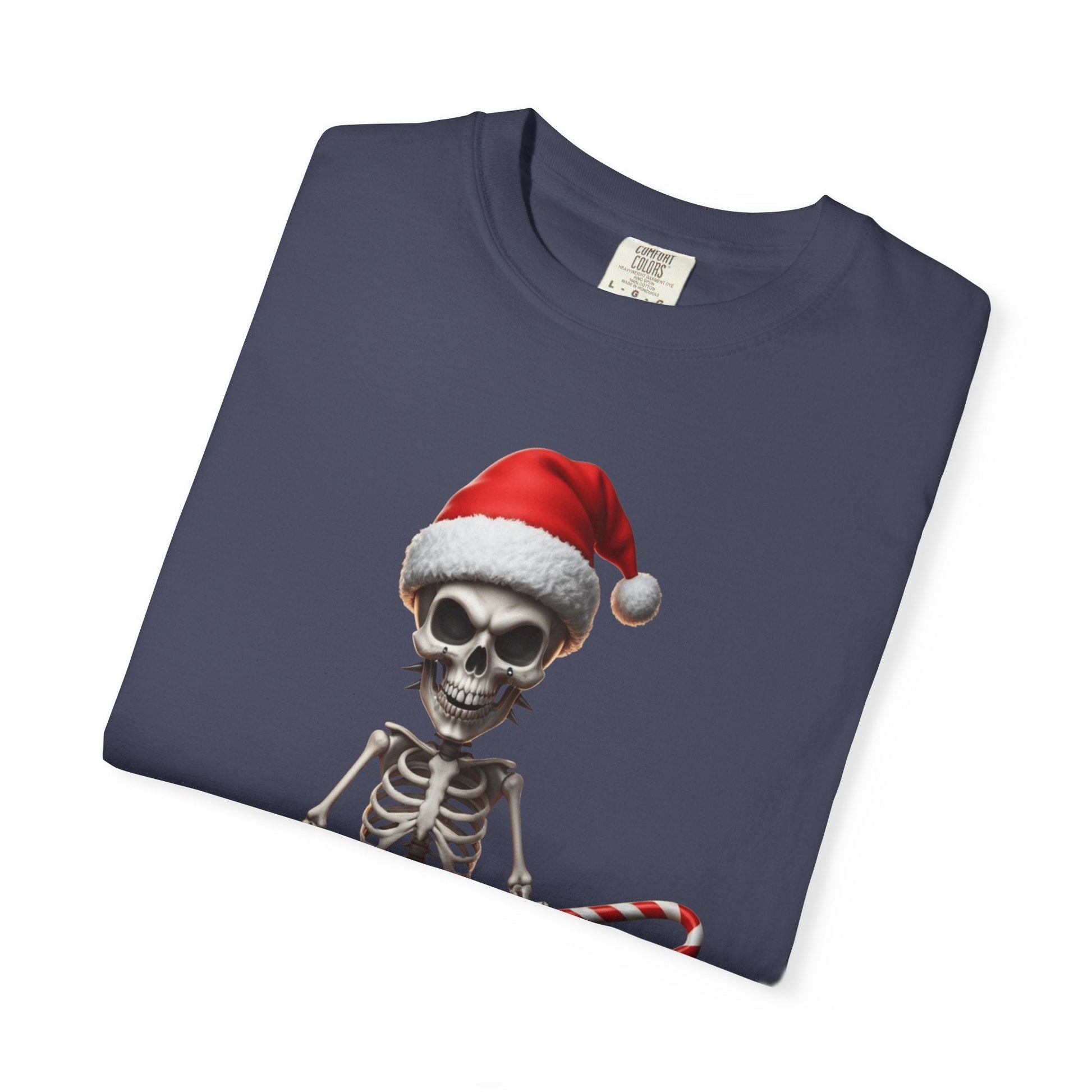 Skeletal Santa's Rockstar Christmas: Festive Skeletal Holiday Character, Digital Cartoon Illustration T-shirt – Custom T-Shirt by PixelCraft360, unique decoration for events and special gifts