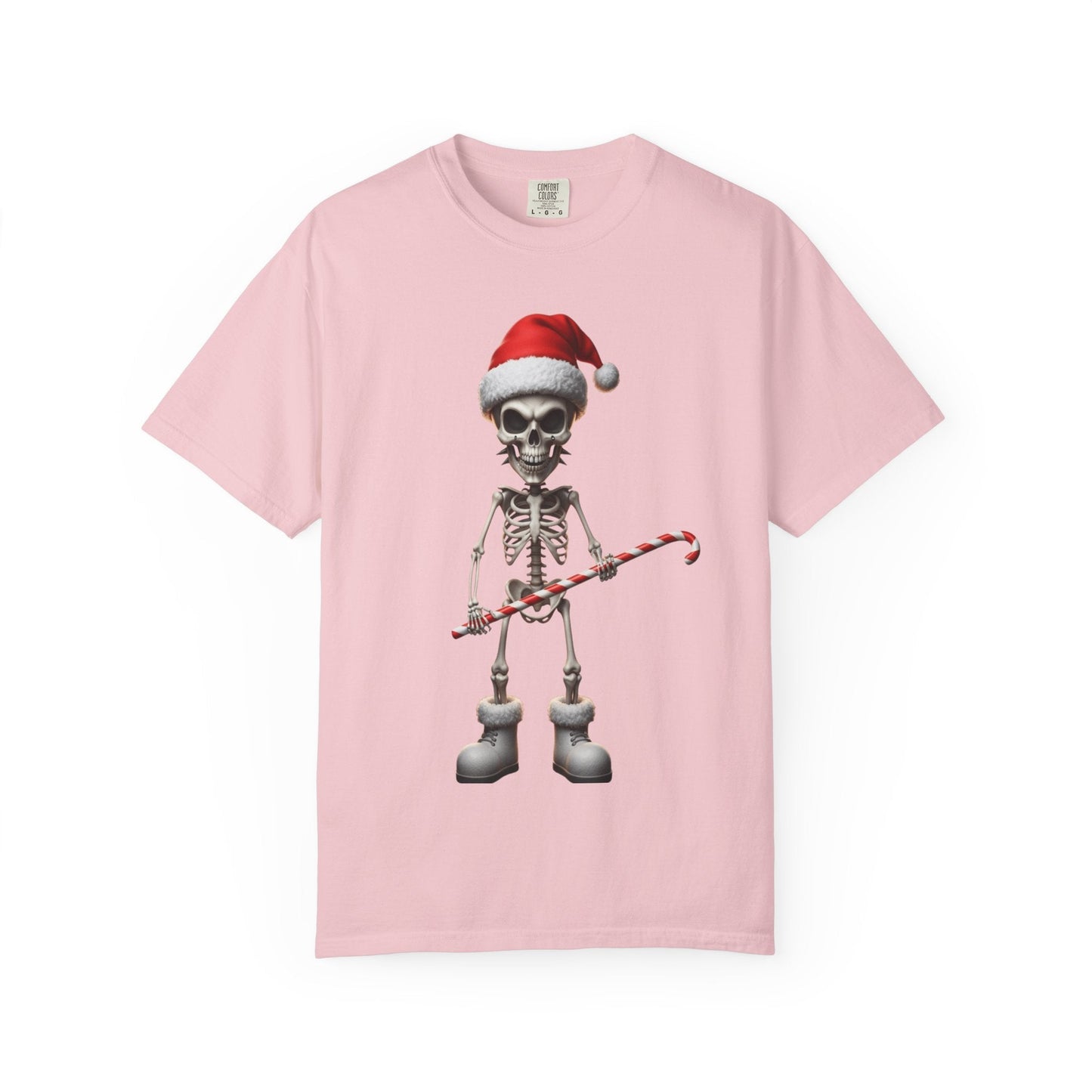 Skeletal Santa's Rockstar Christmas: Festive Skeletal Holiday Character, Digital Cartoon Illustration T-shirt – Custom T-Shirt by PixelCraft360, unique decoration for events and special gifts