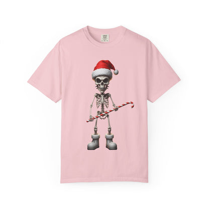 Skeletal Santa's Rockstar Christmas: Festive Skeletal Holiday Character, Digital Cartoon Illustration T-shirt – Custom T-Shirt by PixelCraft360, unique decoration for events and special gifts