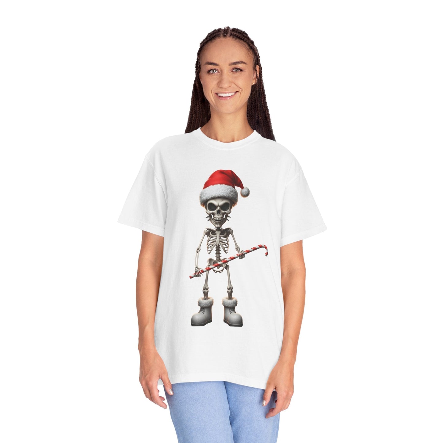 Skeletal Santa's Rockstar Christmas: Festive Skeletal Holiday Character, Digital Cartoon Illustration T-shirt – Custom T-Shirt by PixelCraft360, unique decoration for events and special gifts