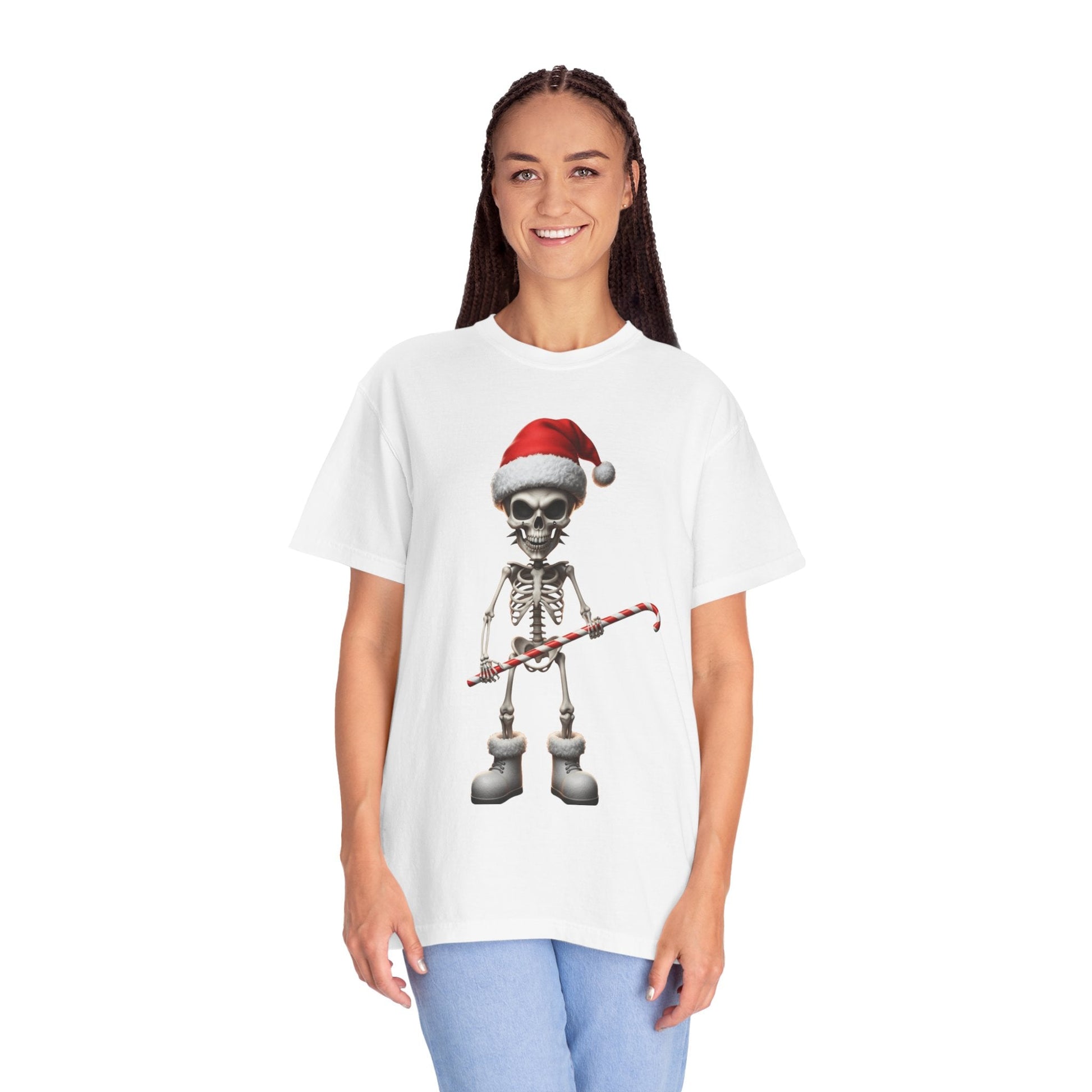 Skeletal Santa's Rockstar Christmas: Festive Skeletal Holiday Character, Digital Cartoon Illustration T-shirt – Custom T-Shirt by PixelCraft360, unique decoration for events and special gifts