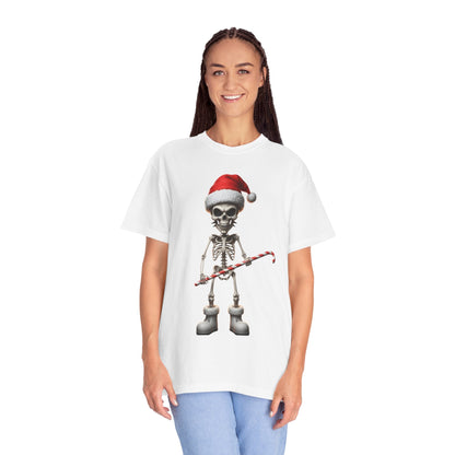 Skeletal Santa's Rockstar Christmas: Festive Skeletal Holiday Character, Digital Cartoon Illustration T-shirt – Custom T-Shirt by PixelCraft360, unique decoration for events and special gifts