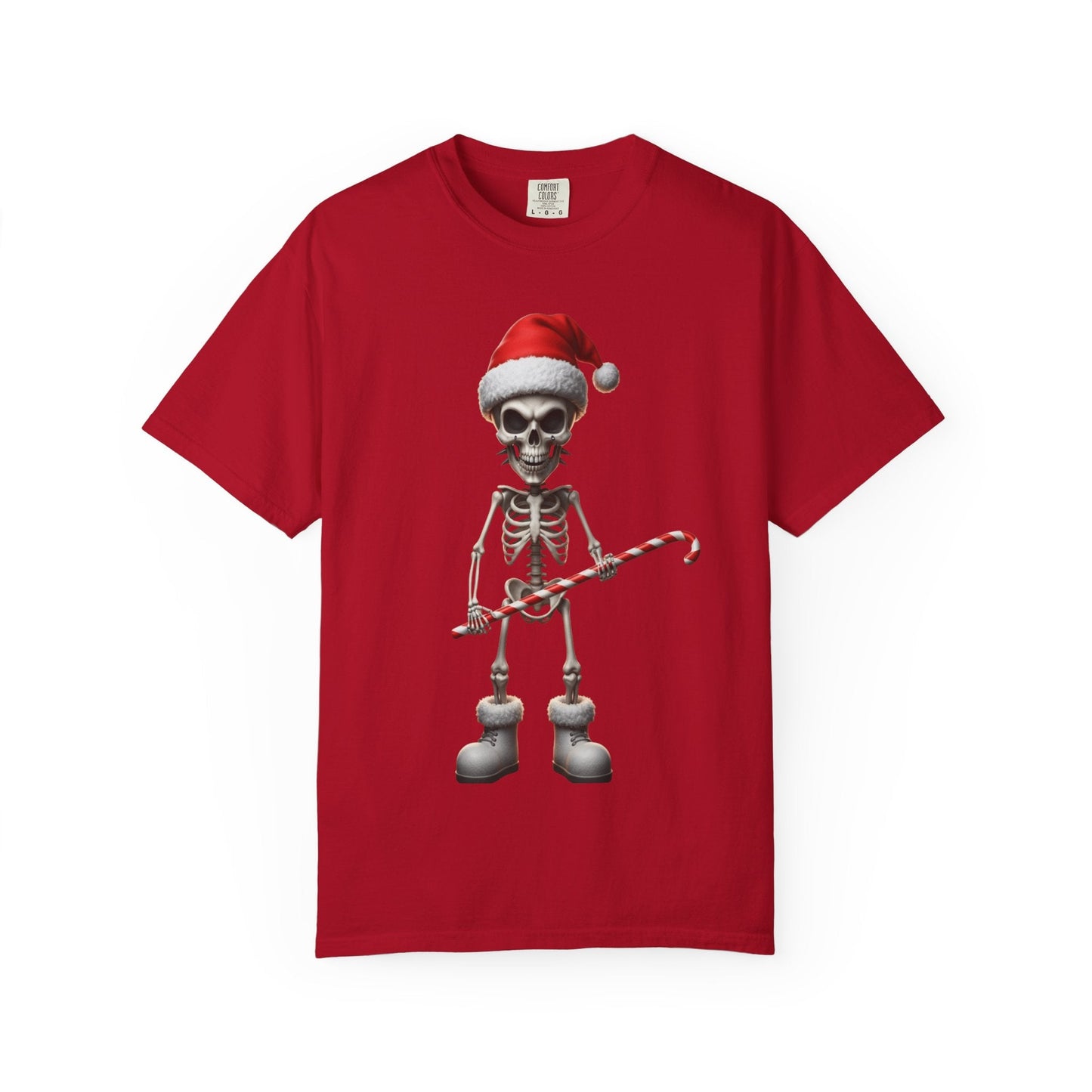 Skeletal Santa's Rockstar Christmas: Festive Skeletal Holiday Character, Digital Cartoon Illustration T-shirt – Custom T-Shirt by PixelCraft360, unique decoration for events and special gifts