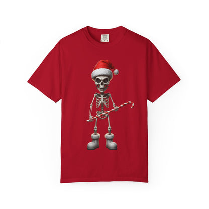 Skeletal Santa's Rockstar Christmas: Festive Skeletal Holiday Character, Digital Cartoon Illustration T-shirt – Custom T-Shirt by PixelCraft360, unique decoration for events and special gifts