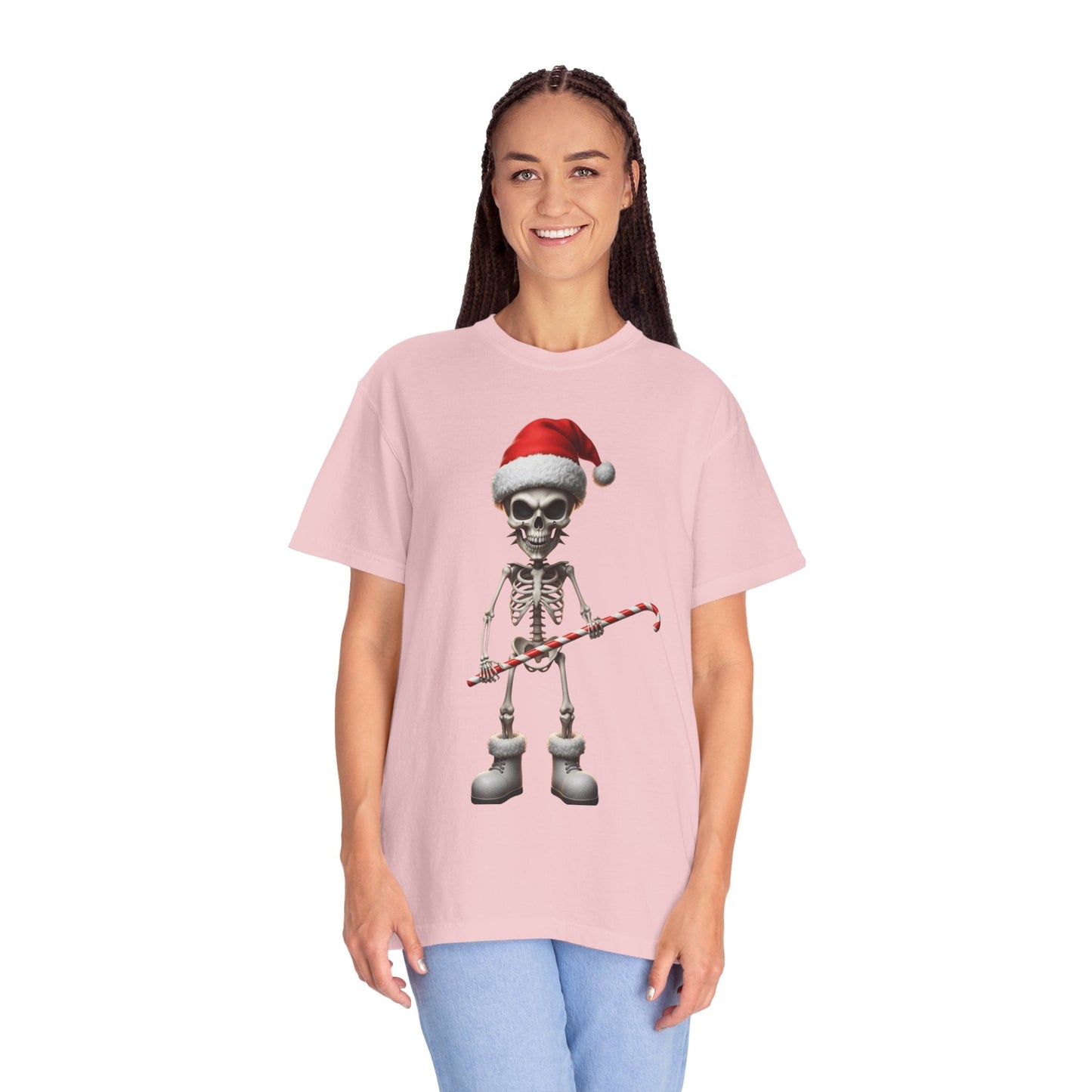 Skeletal Santa's Rockstar Christmas: Festive Skeletal Holiday Character, Digital Cartoon Illustration T-shirt – Custom T-Shirt by PixelCraft360, unique decoration for events and special gifts