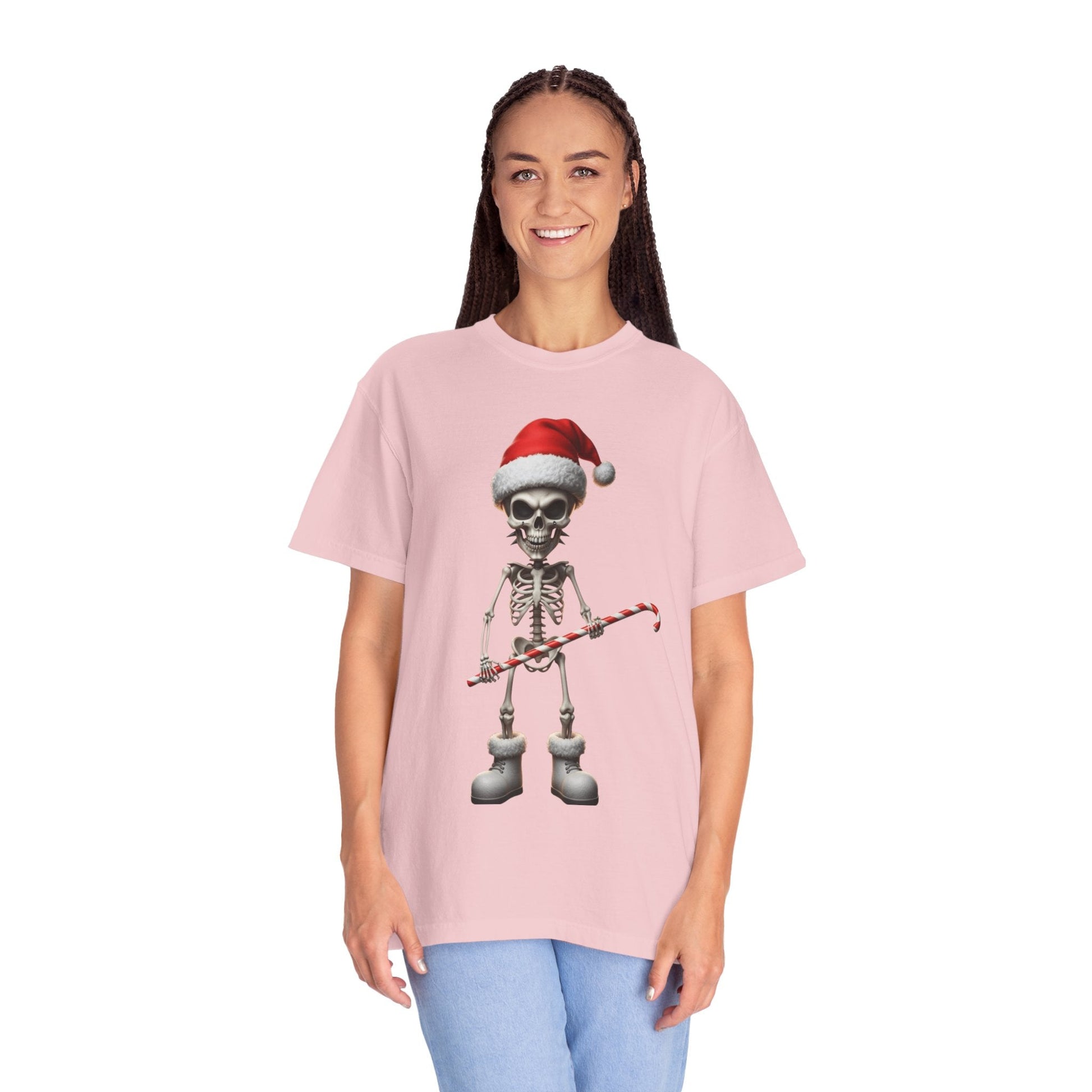 Skeletal Santa's Rockstar Christmas: Festive Skeletal Holiday Character, Digital Cartoon Illustration T-shirt – Custom T-Shirt by PixelCraft360, unique decoration for events and special gifts