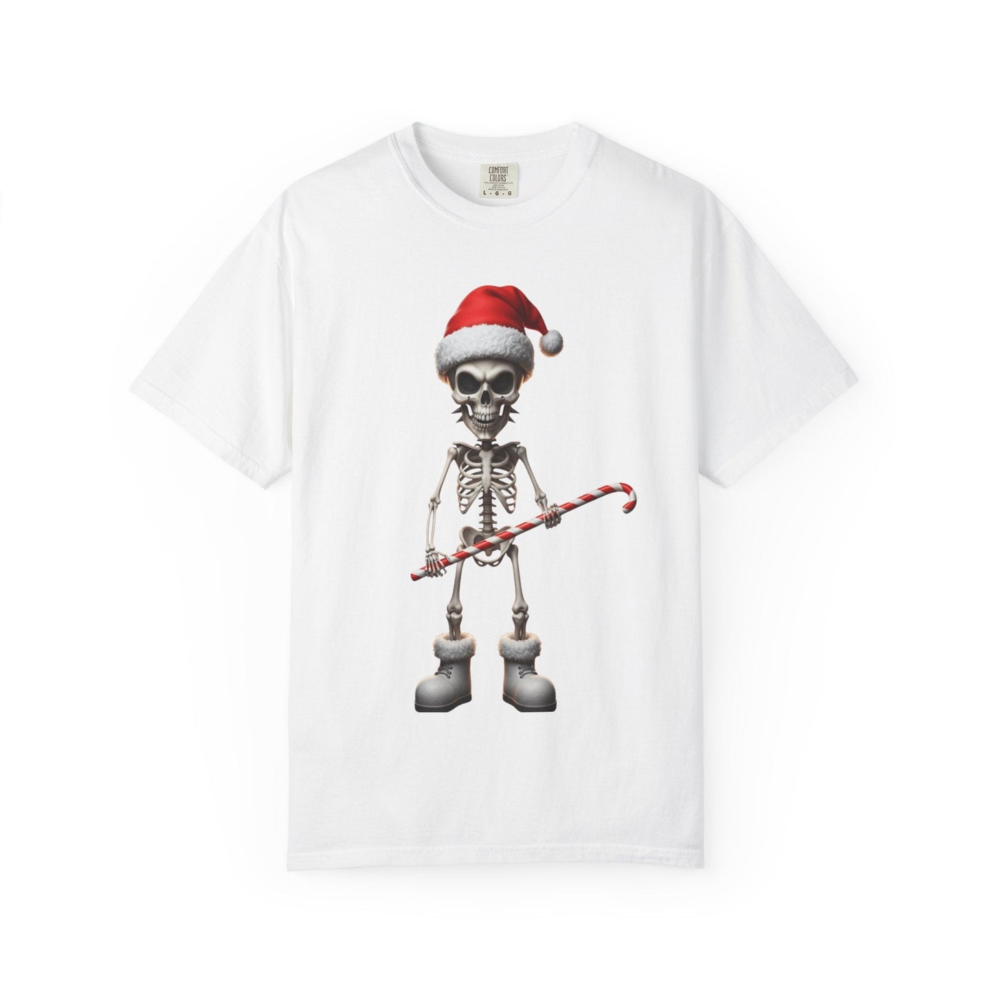 Skeletal Santa's Rockstar Christmas: Festive Skeletal Holiday Character, Digital Cartoon Illustration T-shirt – Custom T-Shirt by PixelCraft360, unique decoration for events and special gifts