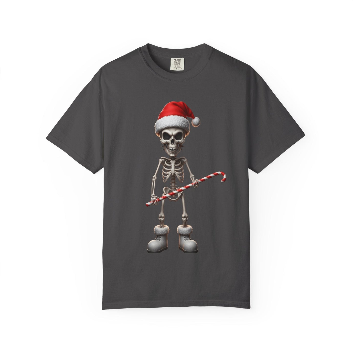Skeletal Santa's Rockstar Christmas: Festive Skeletal Holiday Character, Digital Cartoon Illustration T-shirt – Custom T-Shirt by PixelCraft360, unique decoration for events and special gifts