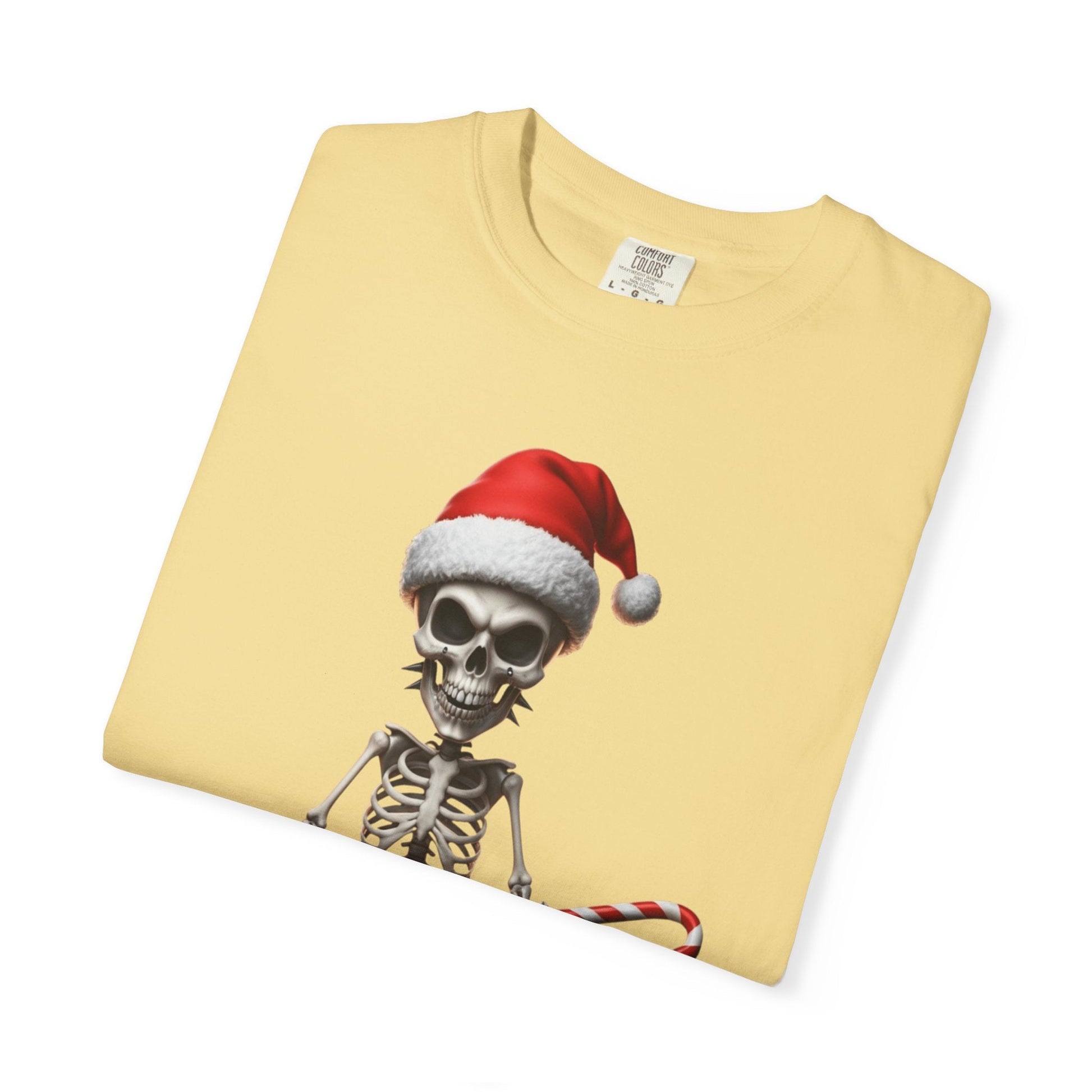 Skeletal Santa's Rockstar Christmas: Festive Skeletal Holiday Character, Digital Cartoon Illustration T-shirt – Custom T-Shirt by PixelCraft360, unique decoration for events and special gifts