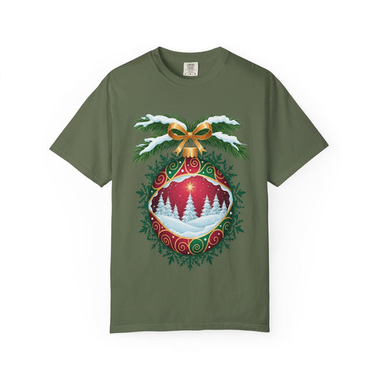 Winter's Enchantment: Festive Ornamental Landscape, Holiday Heirloom Artistry T-shirt – Custom T-Shirt by PixelCraft360, unique decoration for events and special gifts
