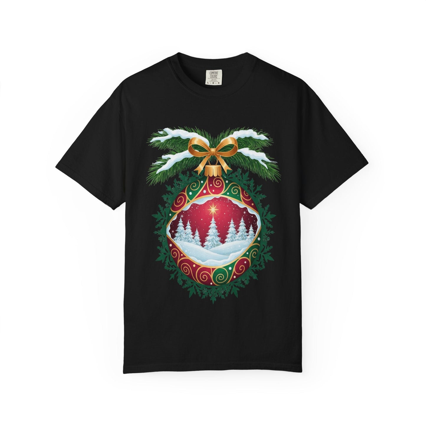 Winter's Enchantment: Festive Ornamental Landscape, Holiday Heirloom Artistry T-shirt – Custom T-Shirt by PixelCraft360, unique decoration for events and special gifts